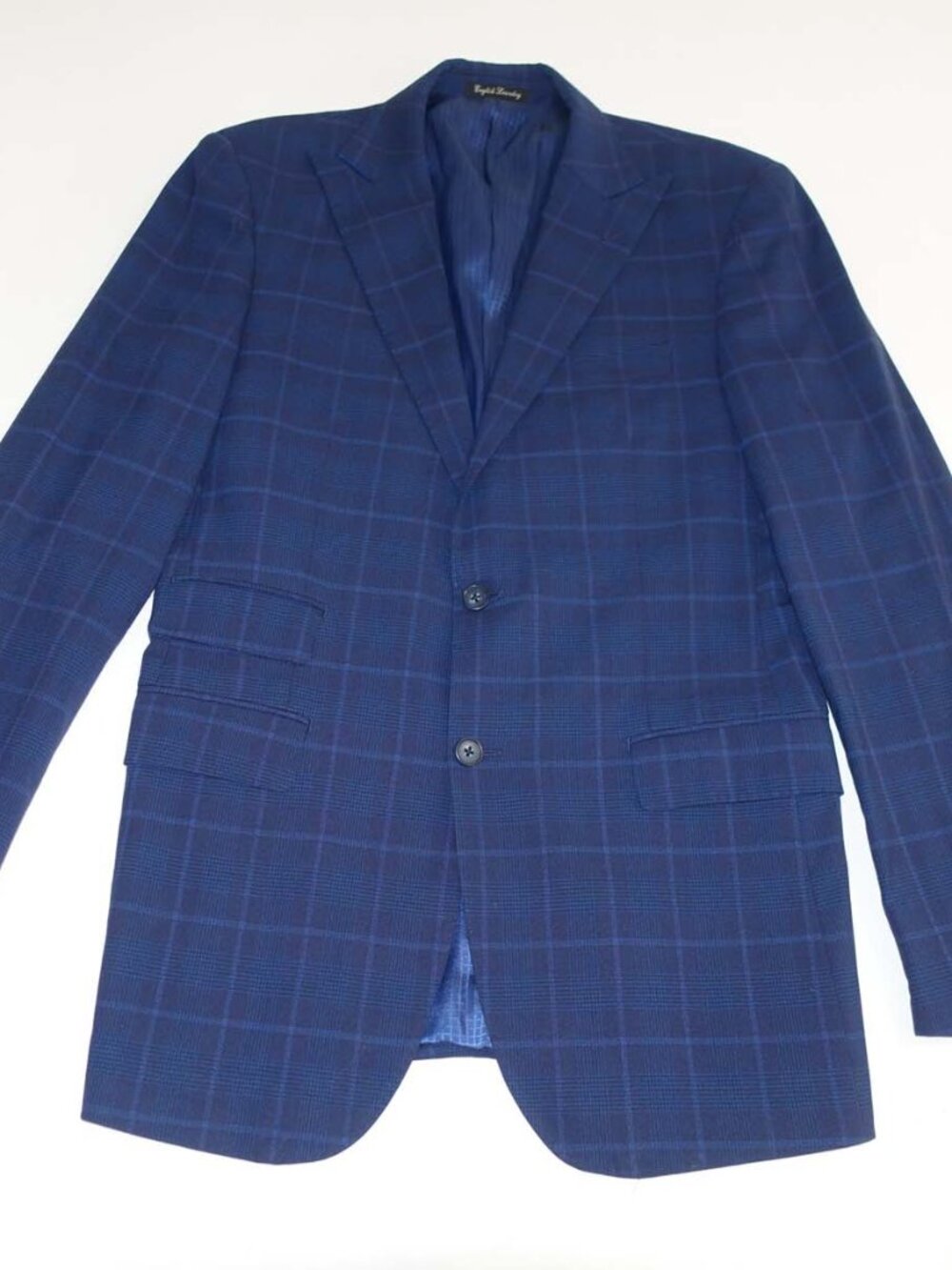 English Laundry Men's Slim Fit Suit Jacket Size 40 Long Navy Blue Plaid Blazer L